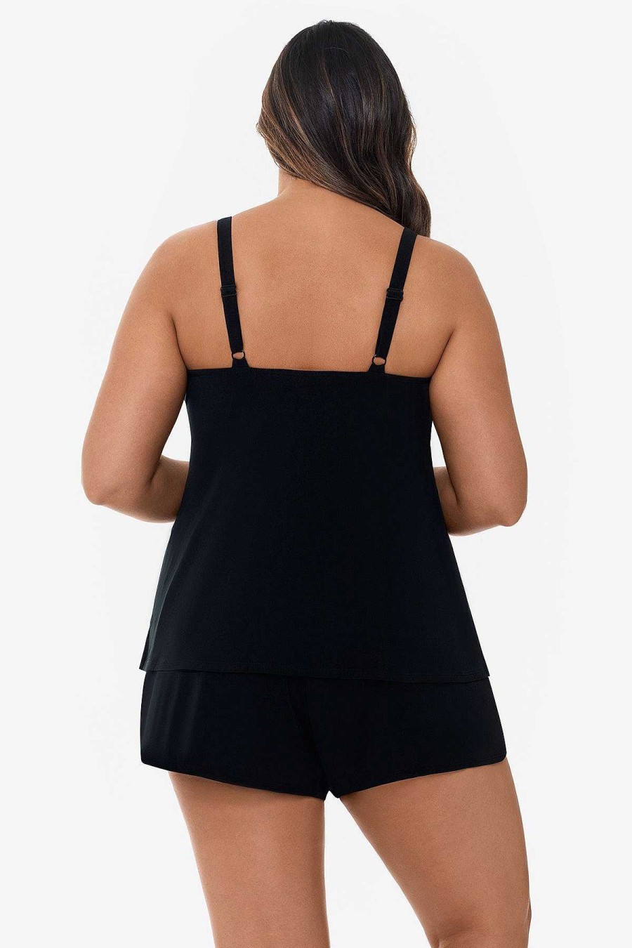 Swim Longitude | Plus Size Ruffle Faux Long Torso Shortini Little Dress Black