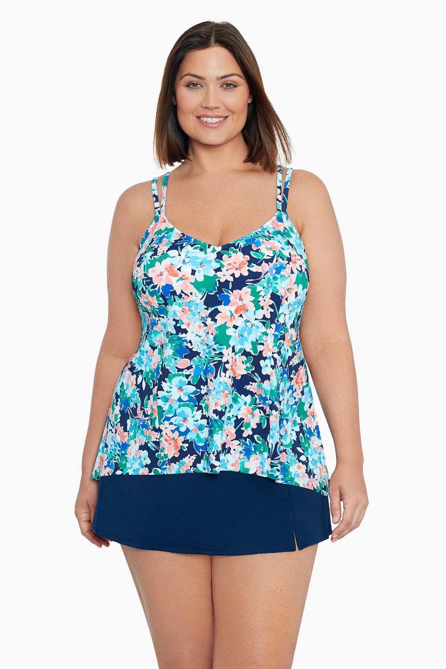 Swim Longitude | Plus Size Princess Seam Hi-Lo Tankini Top Ditsy Days Multi