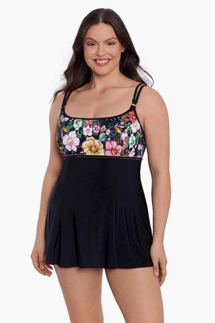 Swim Longitude | Empire Princess Seam Long Torso Swim Dress W/ Hardware True Romance Multi