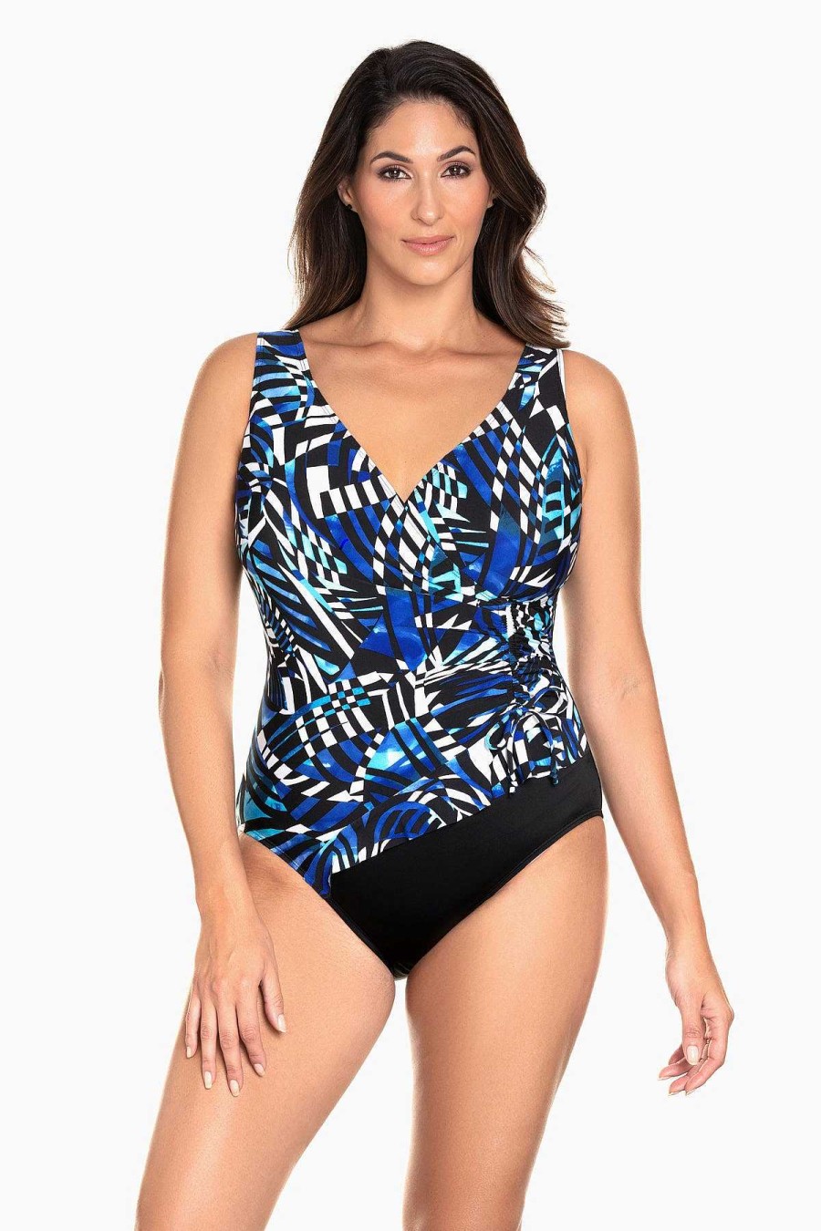 Swim Longitude | Ruffle Surplice Long Torso One Piece Swimsuit Digital Cortex Blue