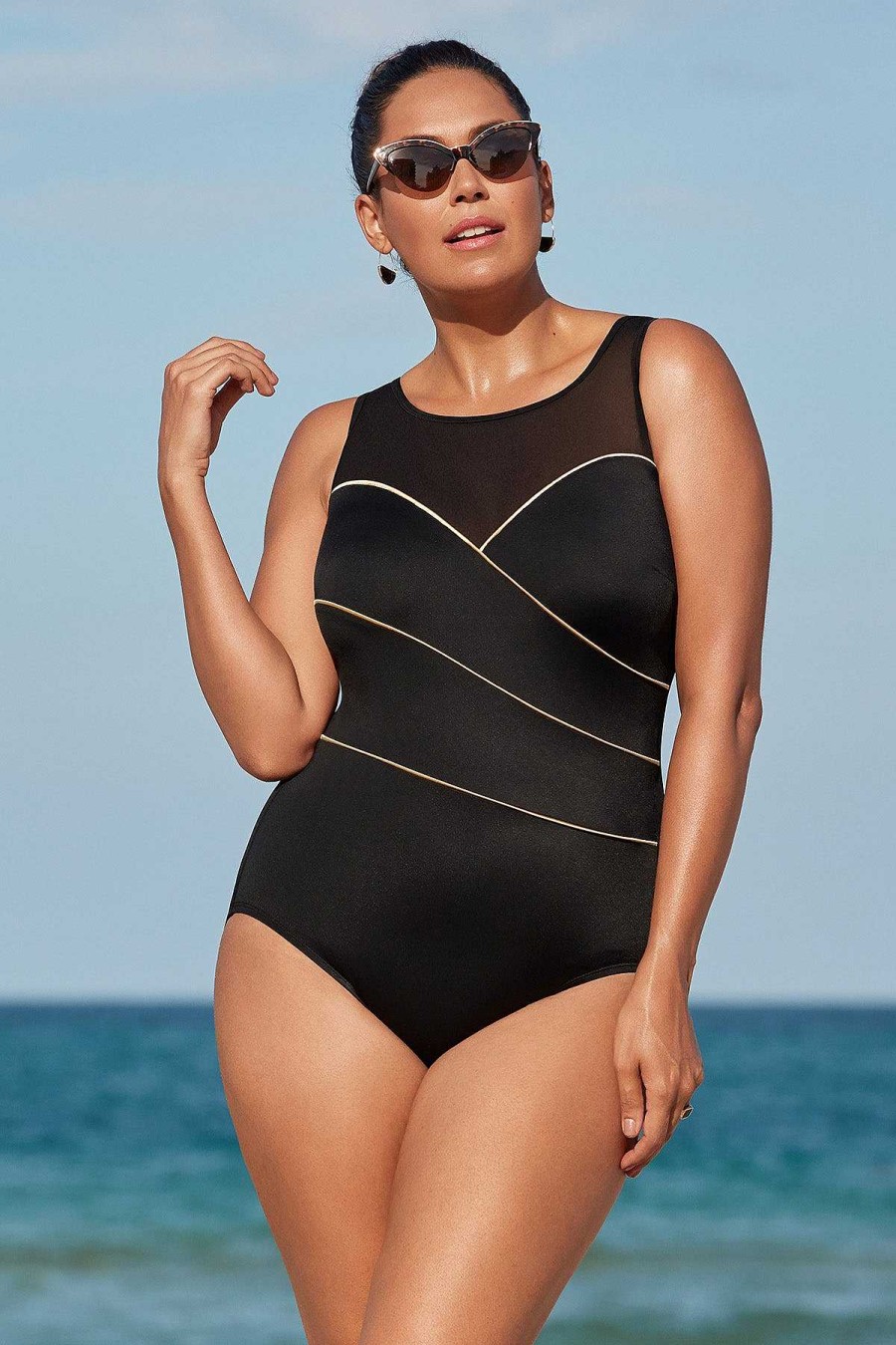 Swim Longitude | Mesh Highneck Long Torso One Piece Swimsuit Piping The Wave Black/Gold