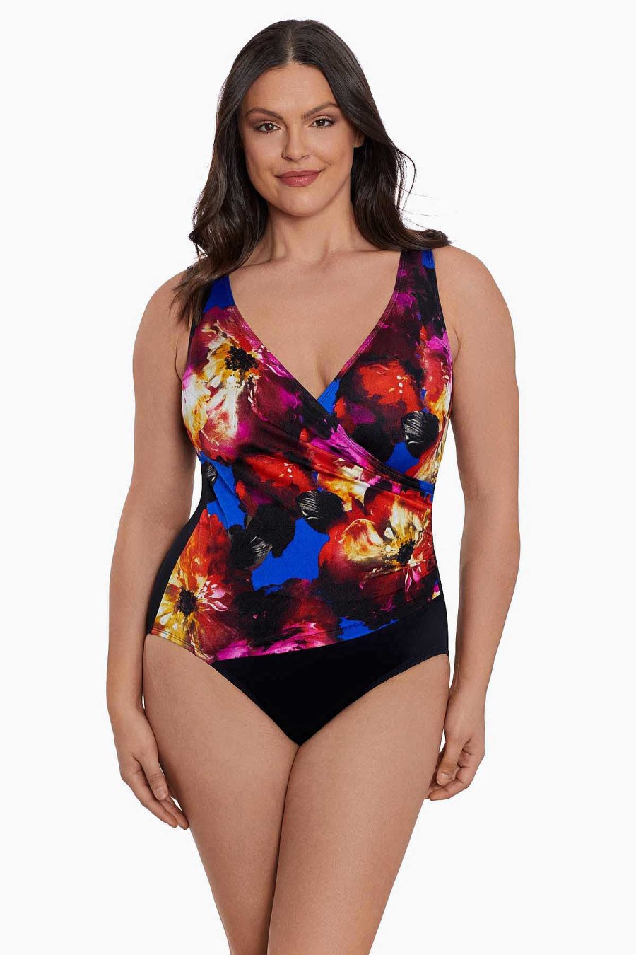 Swim Longitude | Side Shirred Surplice Long Torso One Piece Swimsuit Les Fleurs Royal