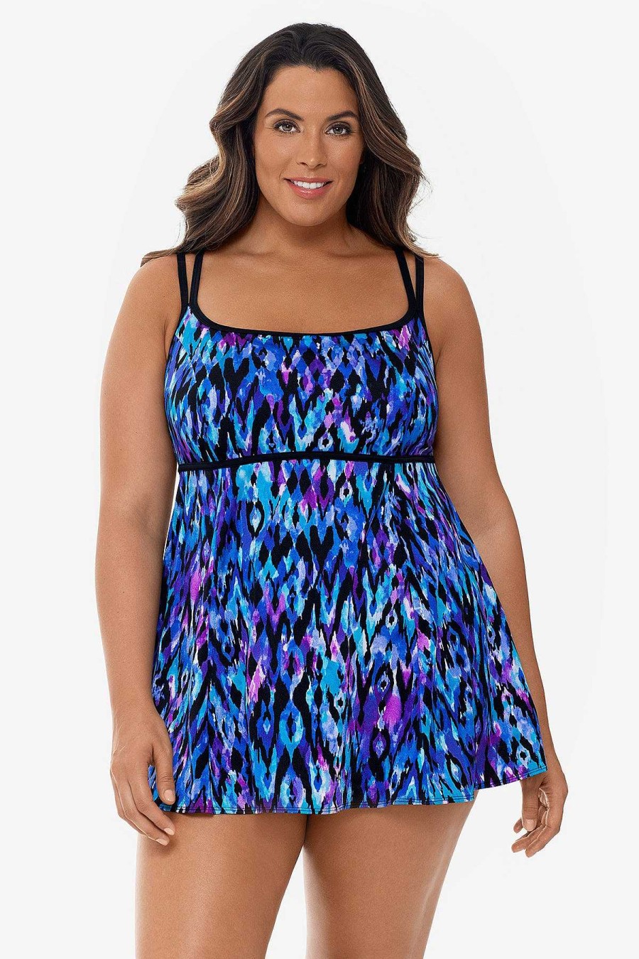 Swim Longitude | Plus Size Empire Princess Seam Long Torso Swim Dress Tulum Purple