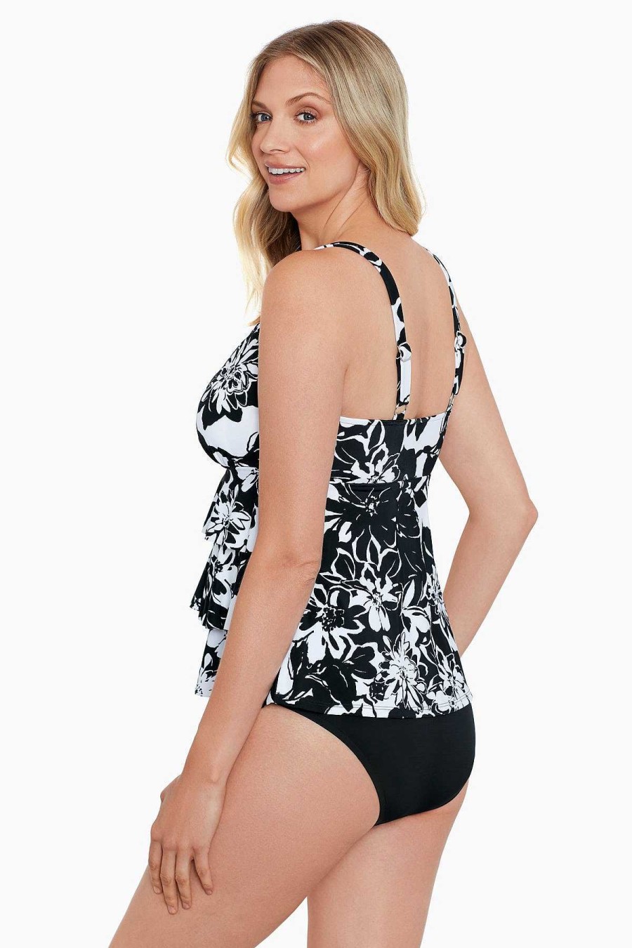 Swim Longitude | Triple Tier Tankini Top Bloomfield Black/White