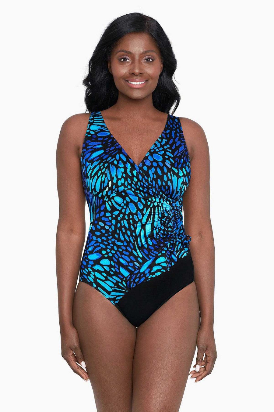 Swim Longitude | Plus Size Ruffle Surplice Long Torso One Piece Swimsuit Sunshower Blue