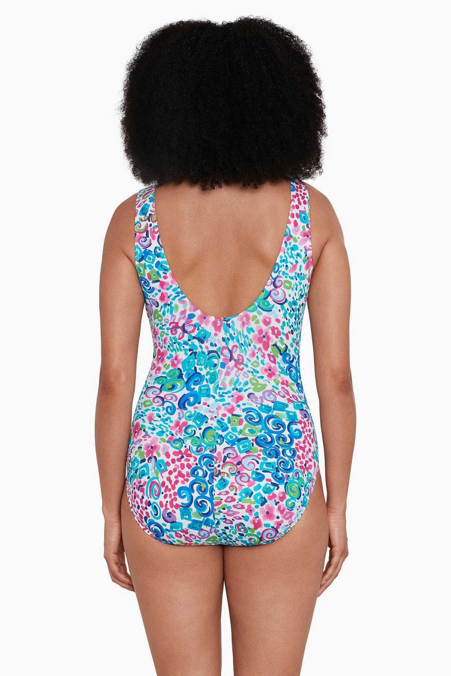 Swim Longitude | Ruffle Front Surplice Long Torso One Piece Swimsuit Fanciful Pink/Multi