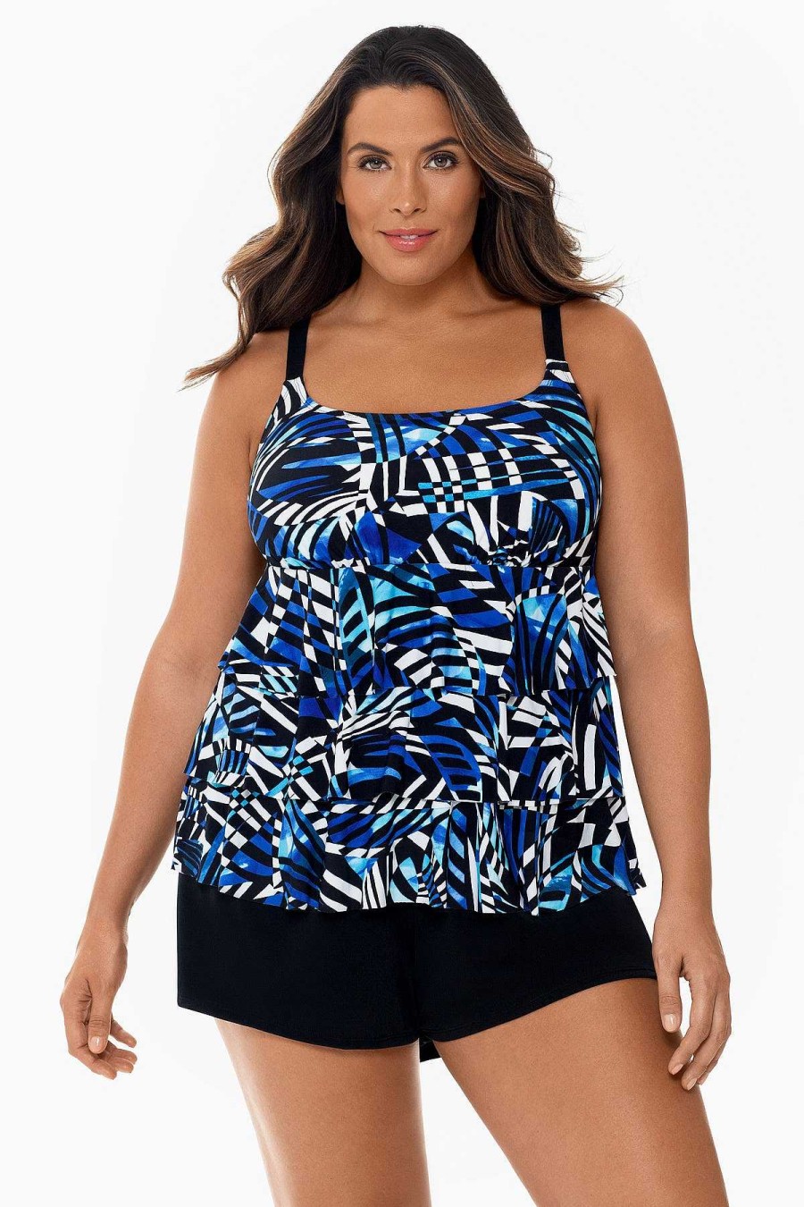 Swim Longitude | Plus Size Digital Cortex Ruffle Faux Long Torso Shortini Digital Cortex Blue