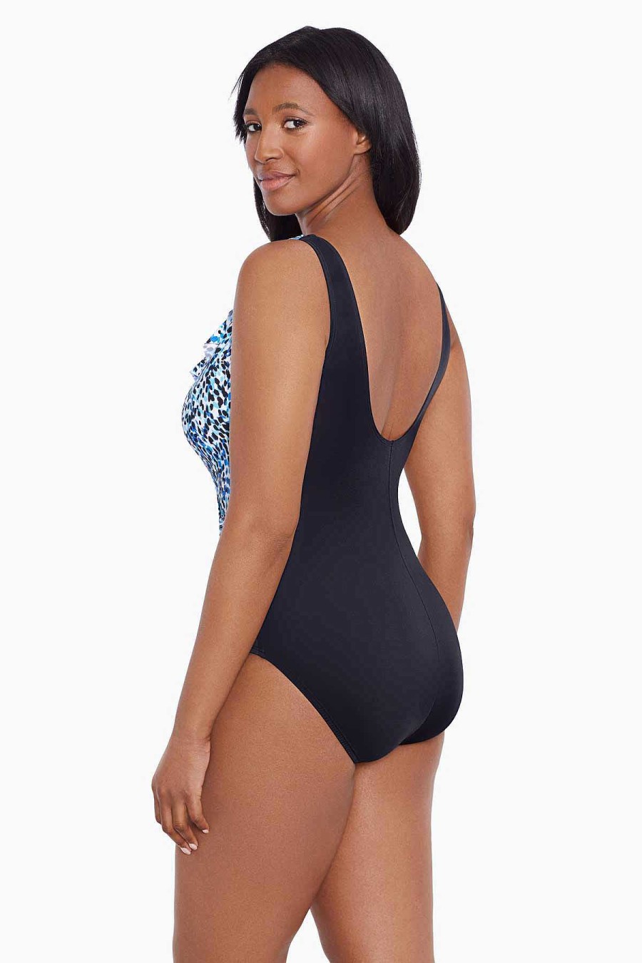 Swim Longitude | Ruffle Front Sash Surplice Long Torso One Piece Swimsuit Spotty Skin Turquoise