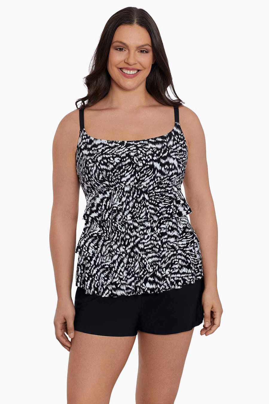 Swim Longitude | Ruffle Faux Shortini W/ Pockets Long Torso One Piece Swimsuit Super Sleek Black/White