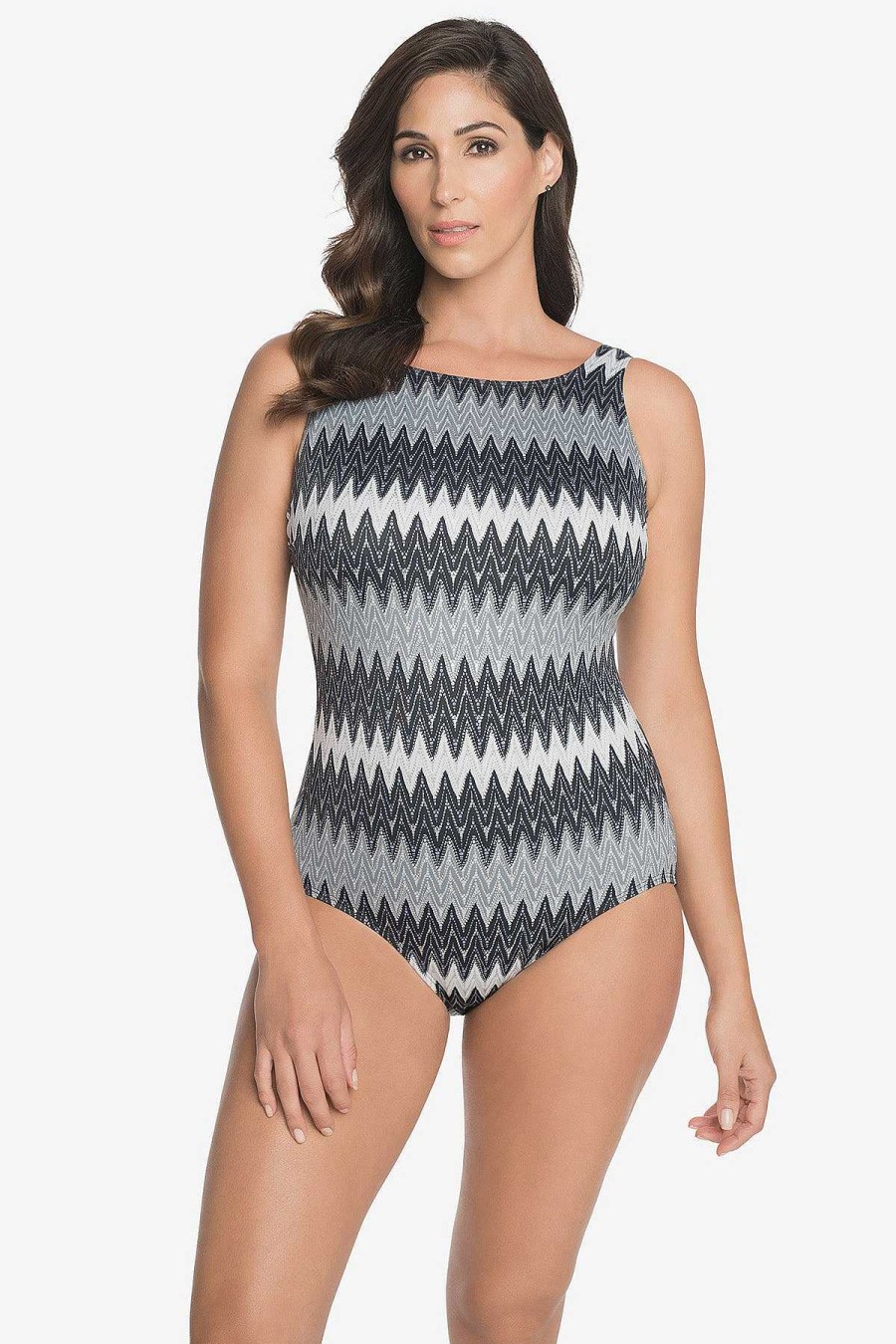 Swim Longitude | Scoopback Highneck Long Torso One Piece Swimsuit Swizzle Grey