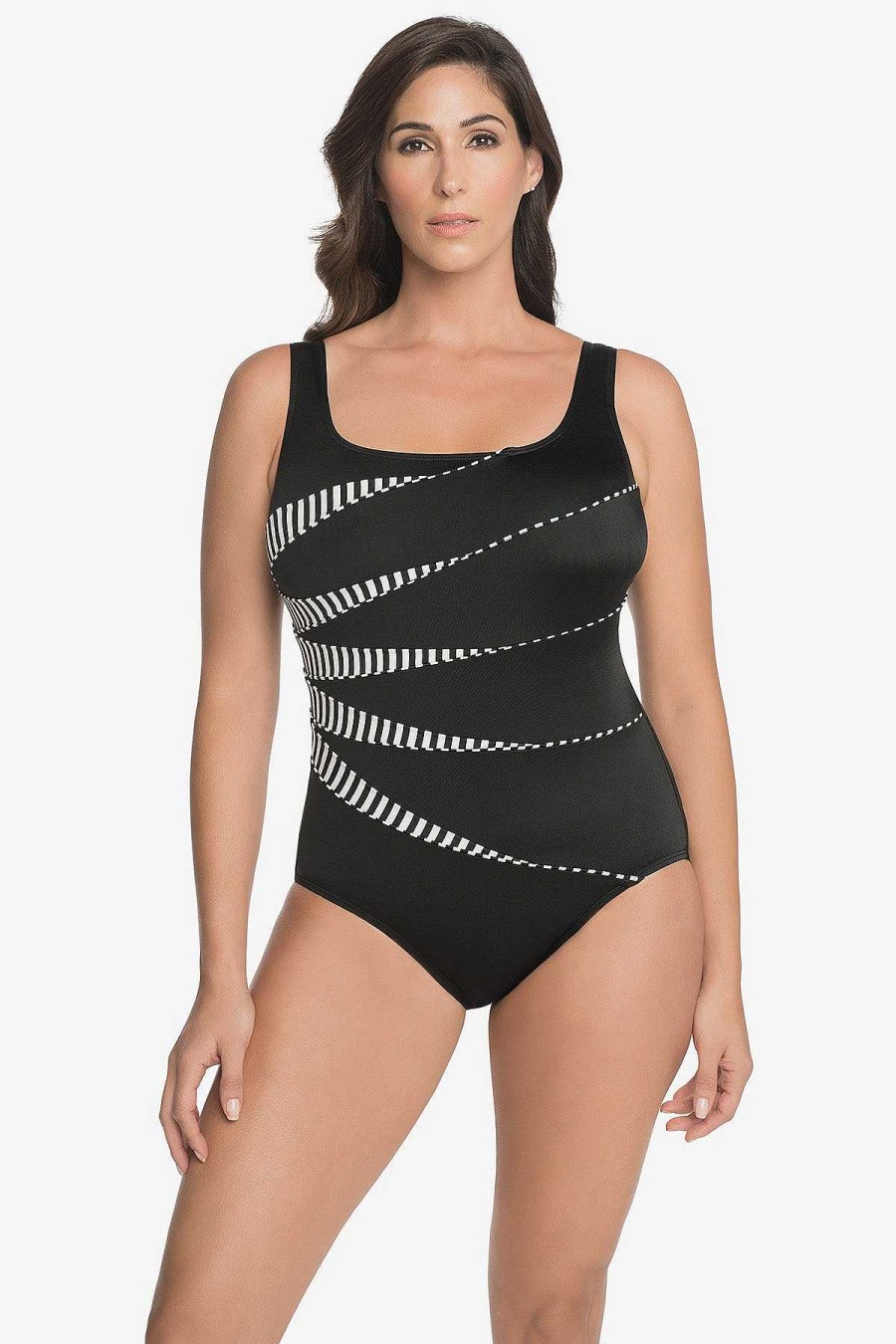 Swim Longitude | Piping Fan Tank Long Torso One Piece Swimsuit Mod Squad Black/White