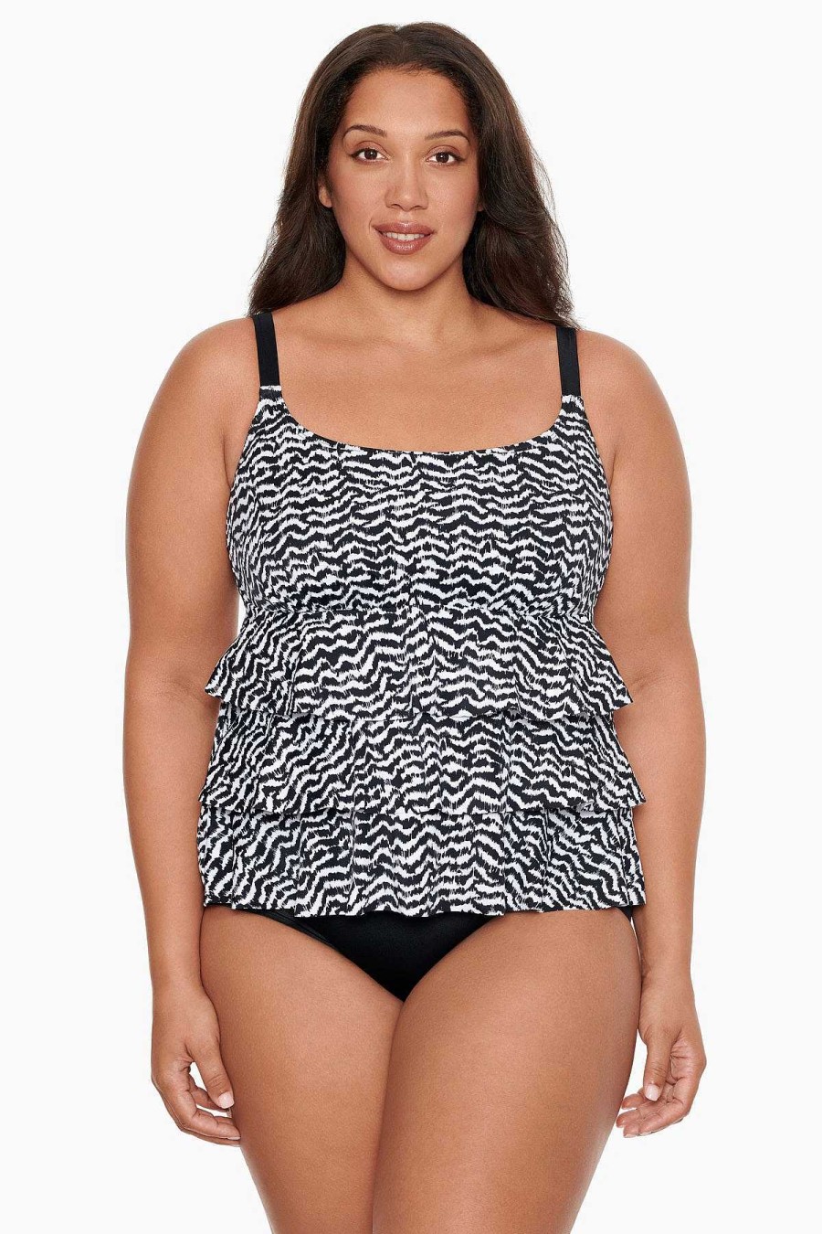 Swim Longitude | Plus Size Triple Tier Tank Long Torso One Piece Swimsuit Majorca Black/White