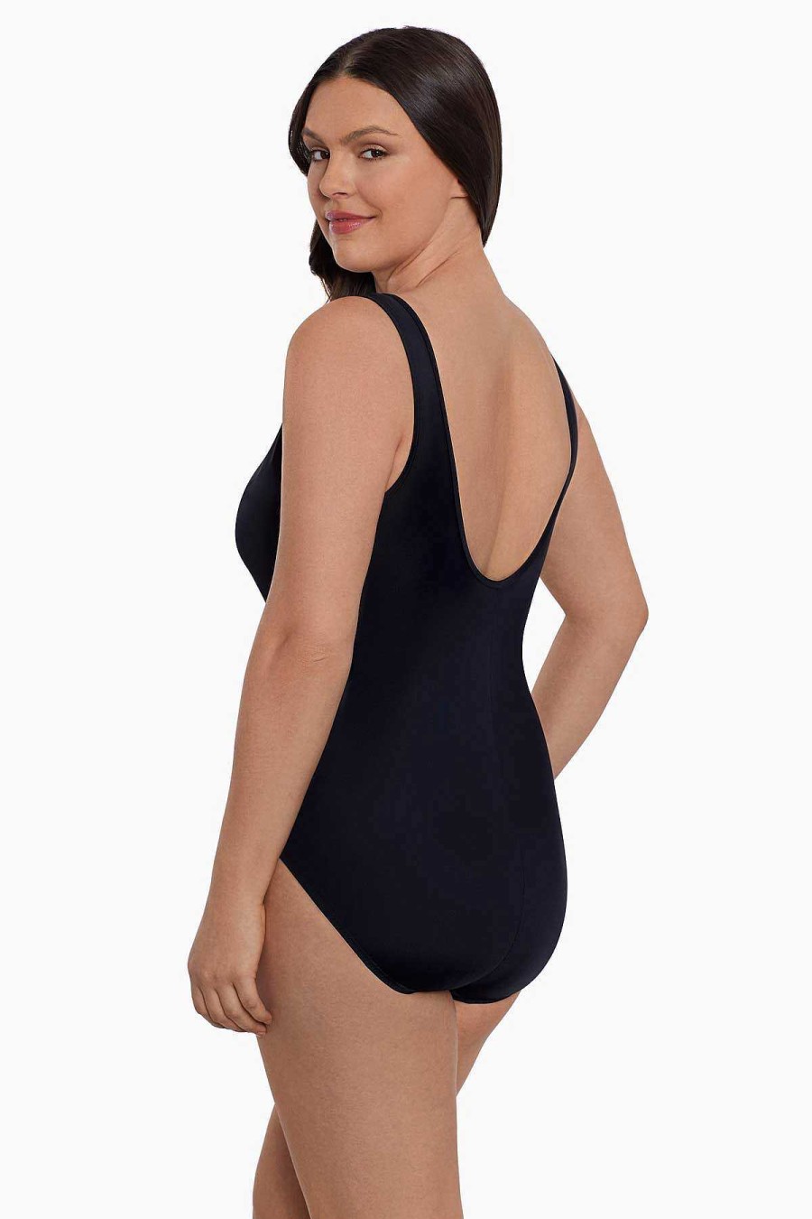 Swim Longitude | Faux Surplice Tank Long Torso One Piece Swimsuit Madison Square Black/White