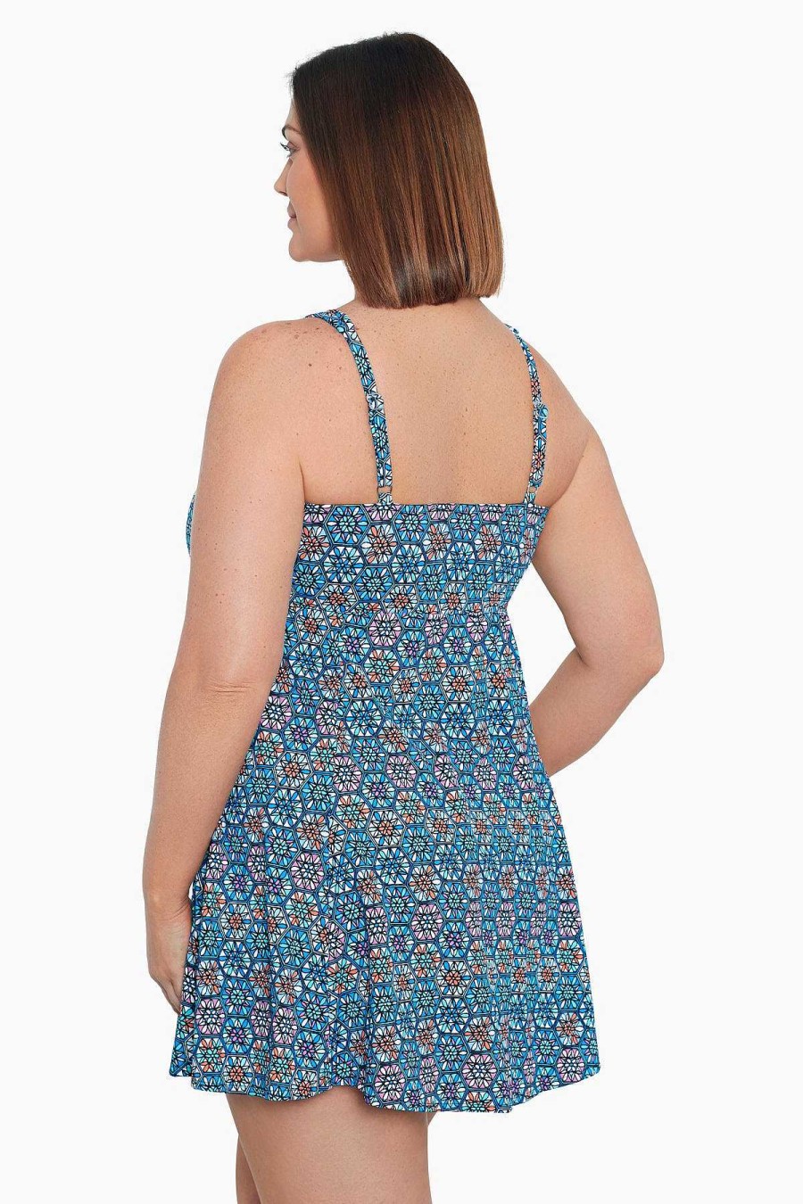 Swim Longitude | Plus Size Bow Front Swim Dress Tile Play Multi