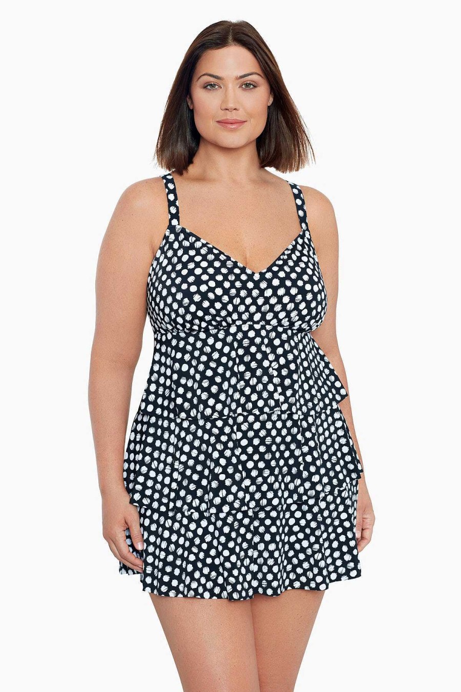 Swim Longitude | Plus Size Triple Tier One Piece Swim Dress Spots Black/White