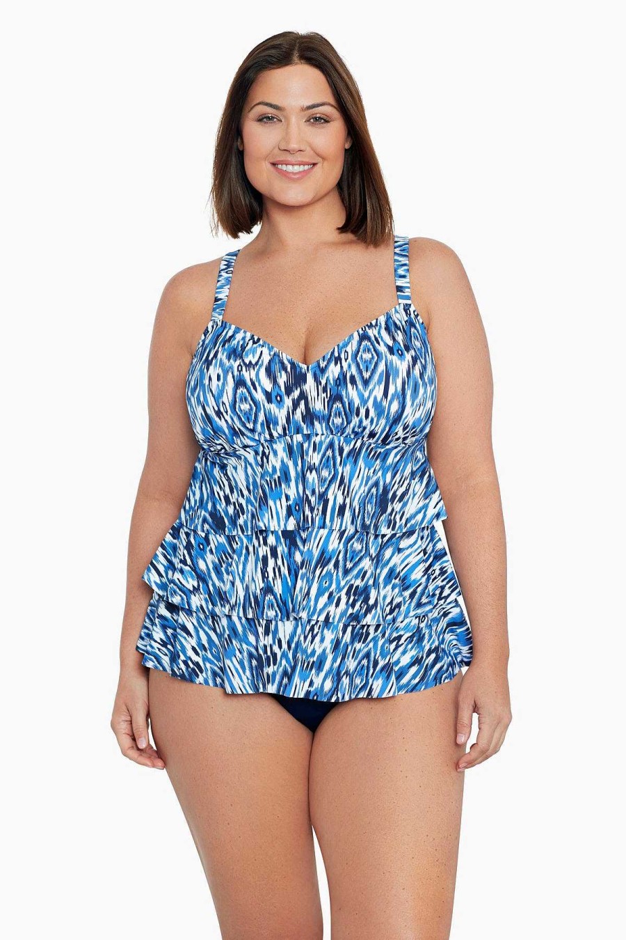 Swim Longitude | Plus Size Triple Tier Tankini Top Ikats Meow Denim