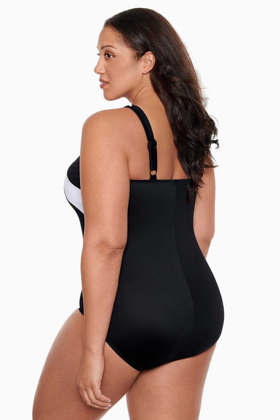 Swim Longitude | Plus Size Crossover Inset Tank Long Torso One Piece Swimsuit Private Party Black/White