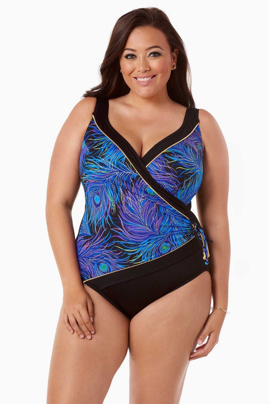 Swim Longitude | Plus Size Tassel Surplice Long Torso One Piece Swimsuit Envy Blue