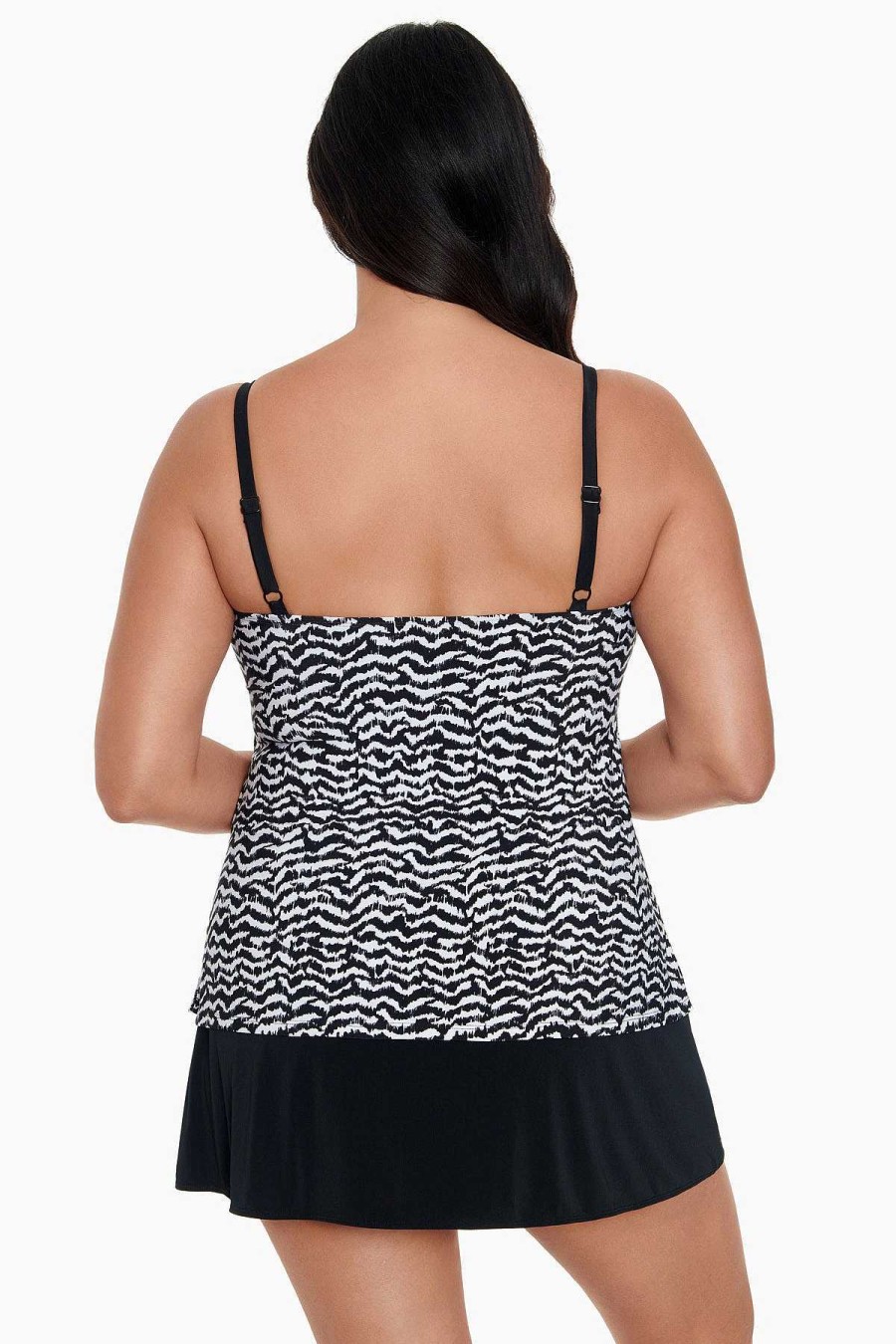 Swim Longitude | Plus Size Ruffle Faux Skirtini W/Pockets Majorca Black/White