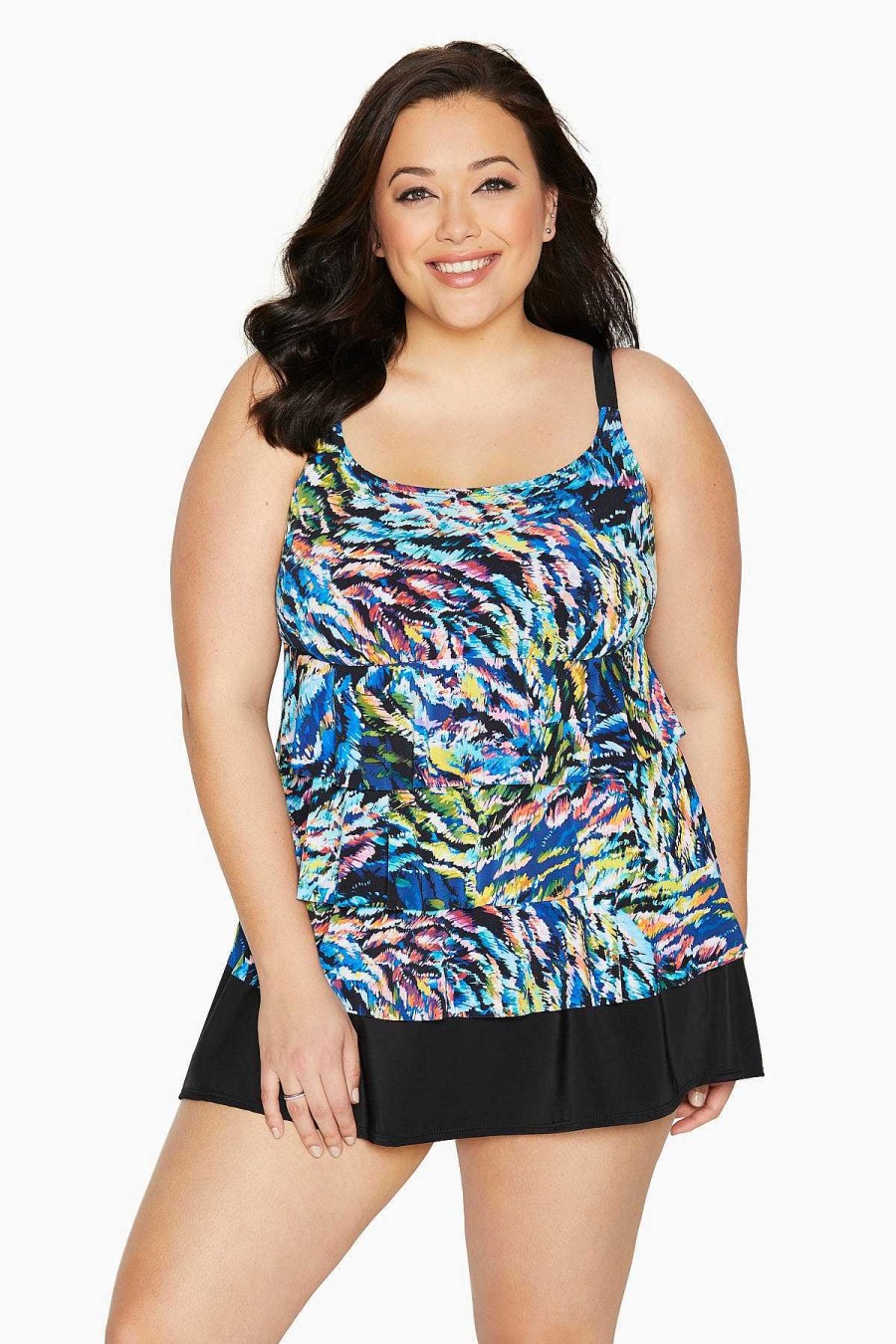 Swim Longitude | Plus Size Ruffle Faux Skirtkini Wild Coral Multi