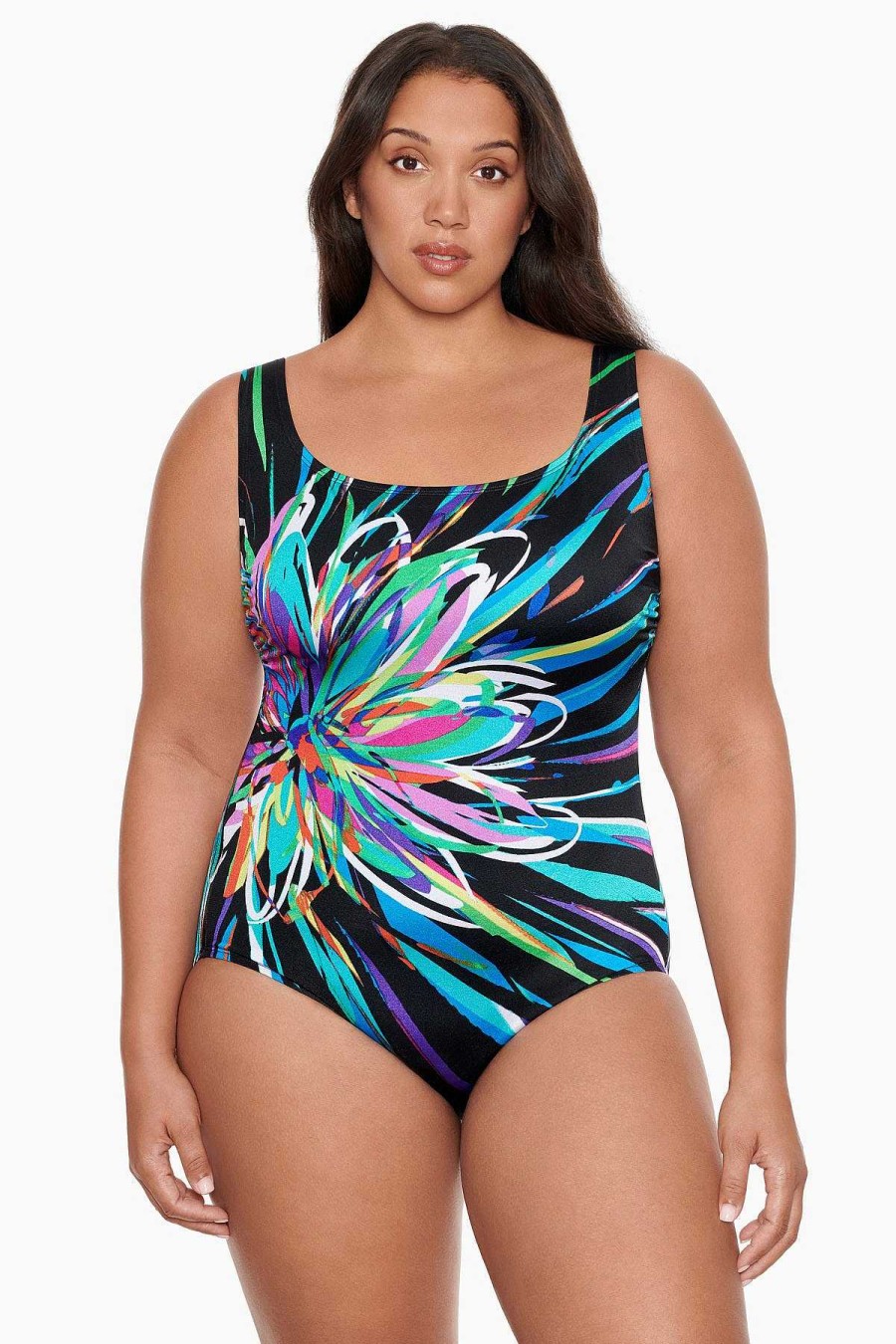 Swim Longitude | Plus Size Panel Scoopneck Tank Long Torso One Piece Swimsuit Floral Burst Multi