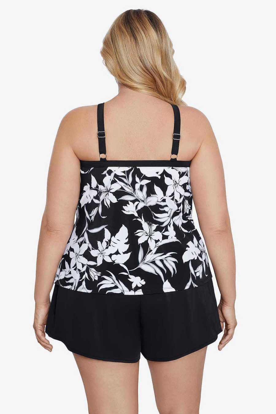 Swim Longitude | Plus Size High Neck Tankini Underwire Bra Back Nightshade Black/White