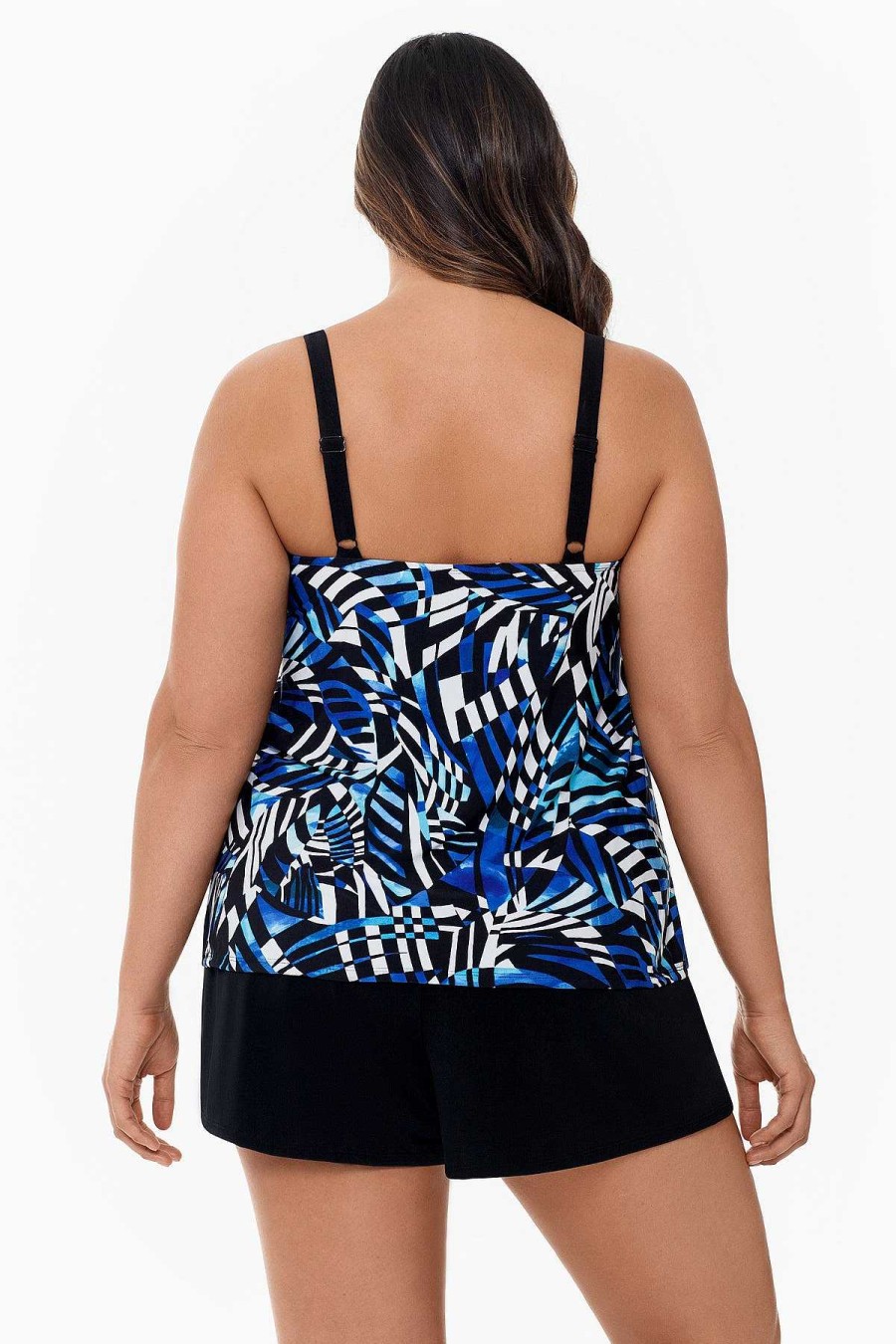 Swim Longitude | Plus Size Digital Cortex Ruffle Faux Long Torso Shortini Digital Cortex Blue