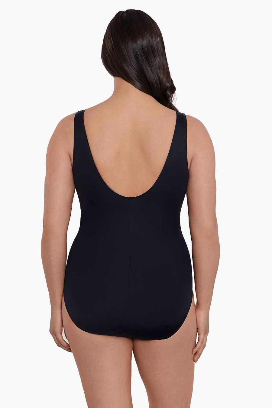 Swim Longitude | Side Tie Draped Surplice Long Torso One Piece Swimsuit Whoopsie Daisy Black/Gold