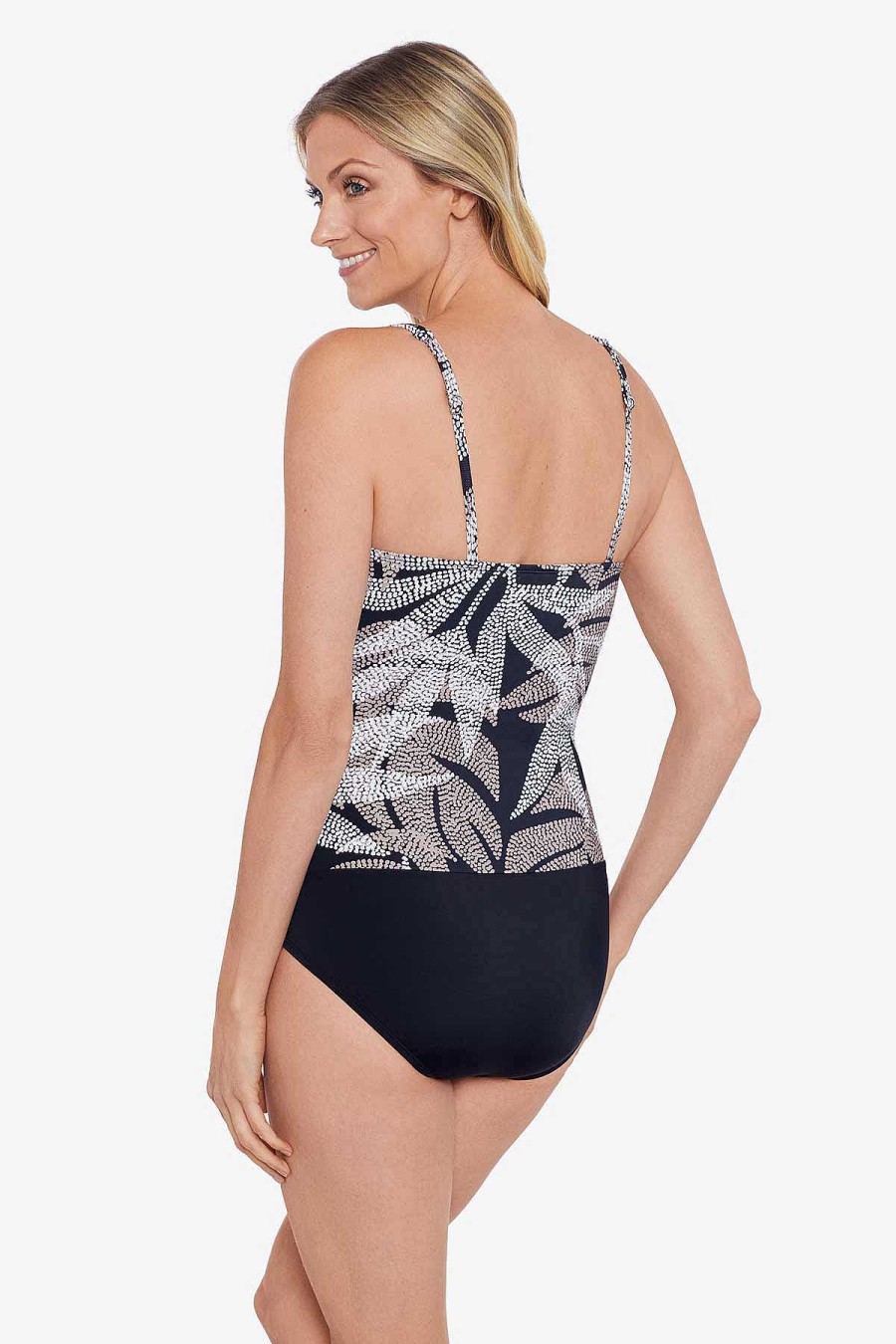 Swim Longitude | V-Neck Side Shirred Mio Dot Leaf Me Black