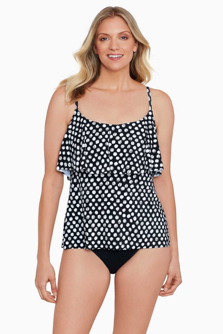 Swim Longitude | Mastectomy Single Tier Tankini Top Spots Black/White