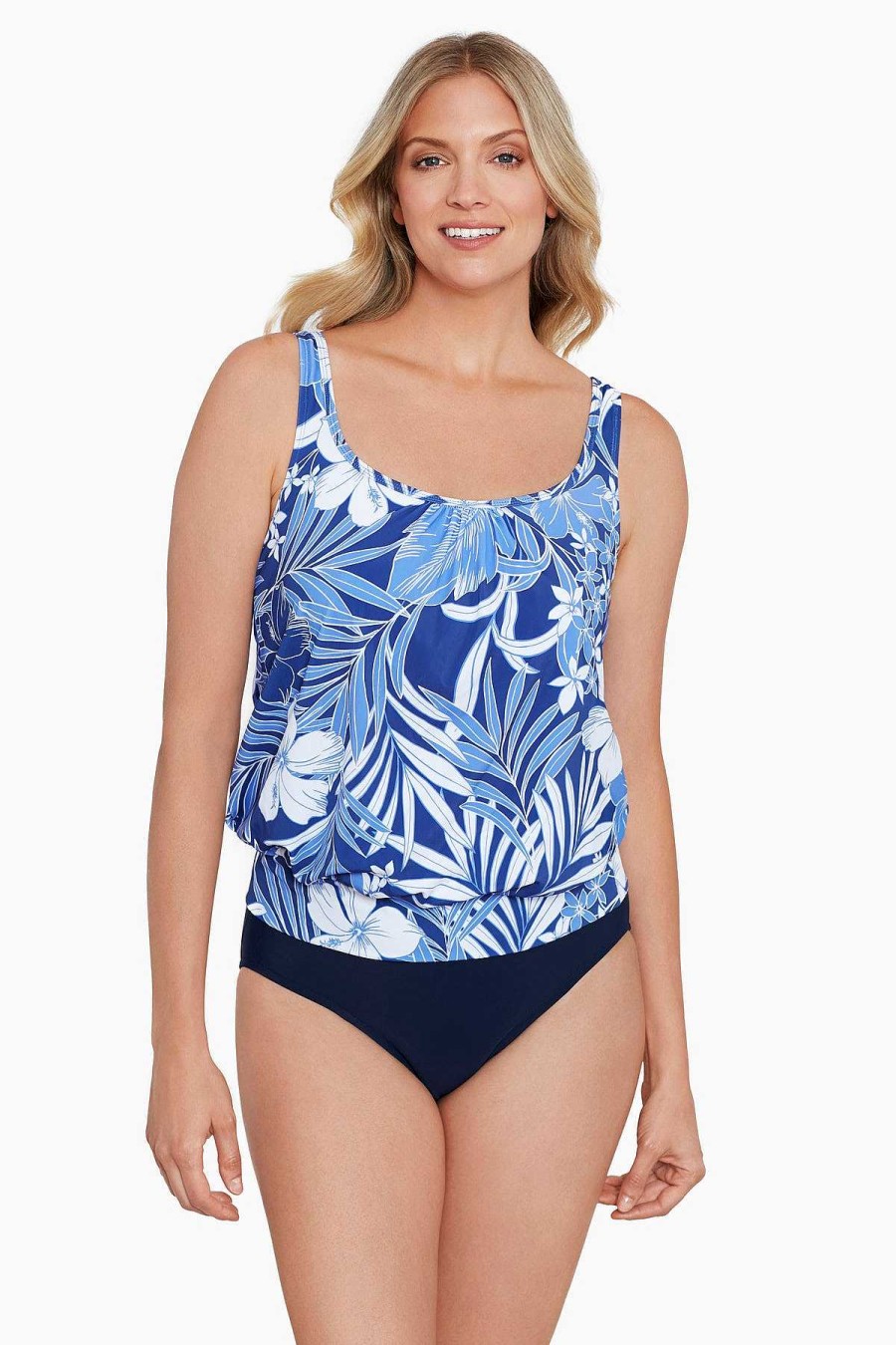 Swim Longitude | Shirred Neck Blouson Tankini Top In My Blues Denim