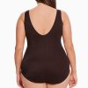 Swim Longitude | Plus Size Scoopback Highneck Long Torso One Piece Swimsuit Signature Stripe Brown