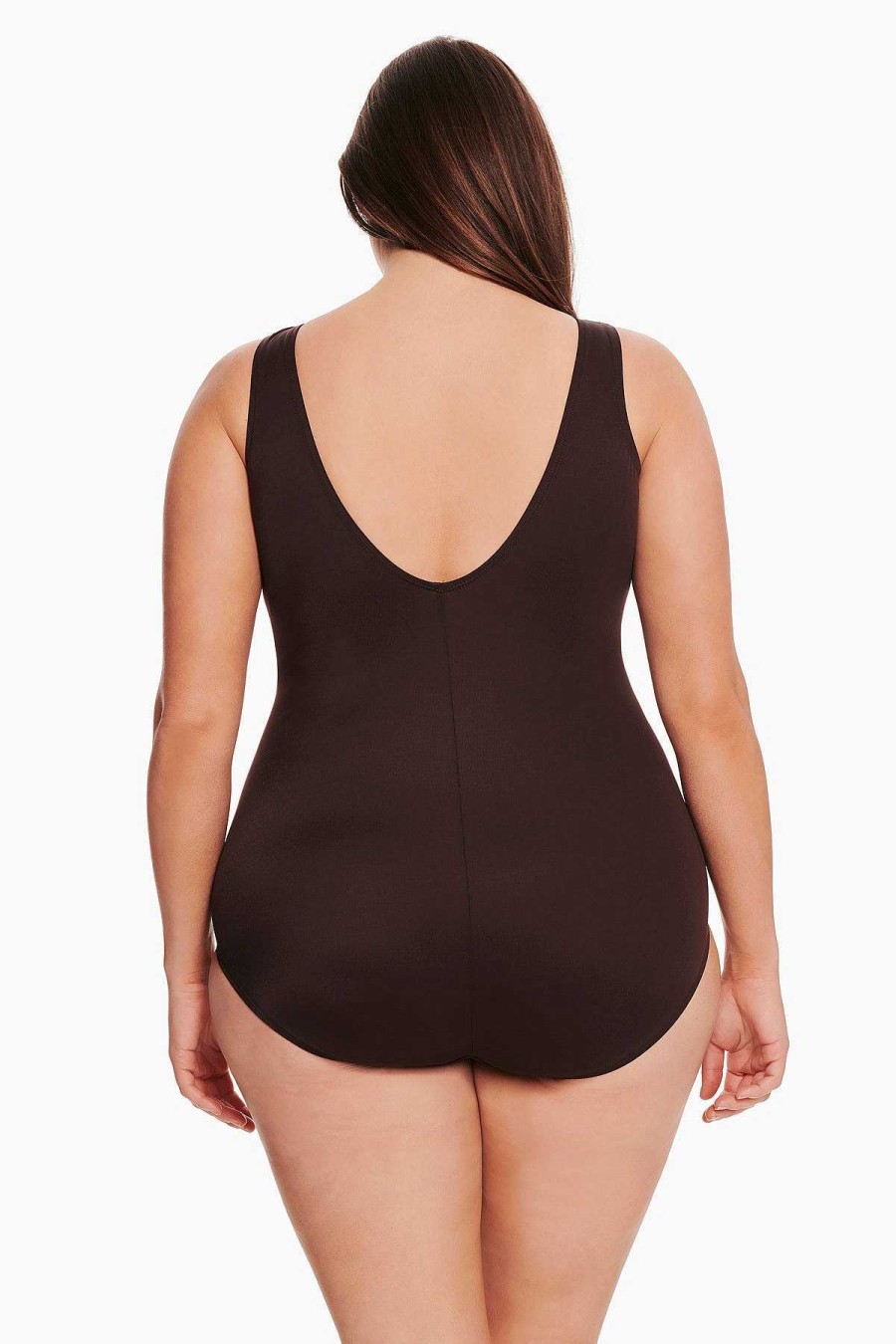 Swim Longitude | Plus Size Scoopback Highneck Long Torso One Piece Swimsuit Signature Stripe Brown