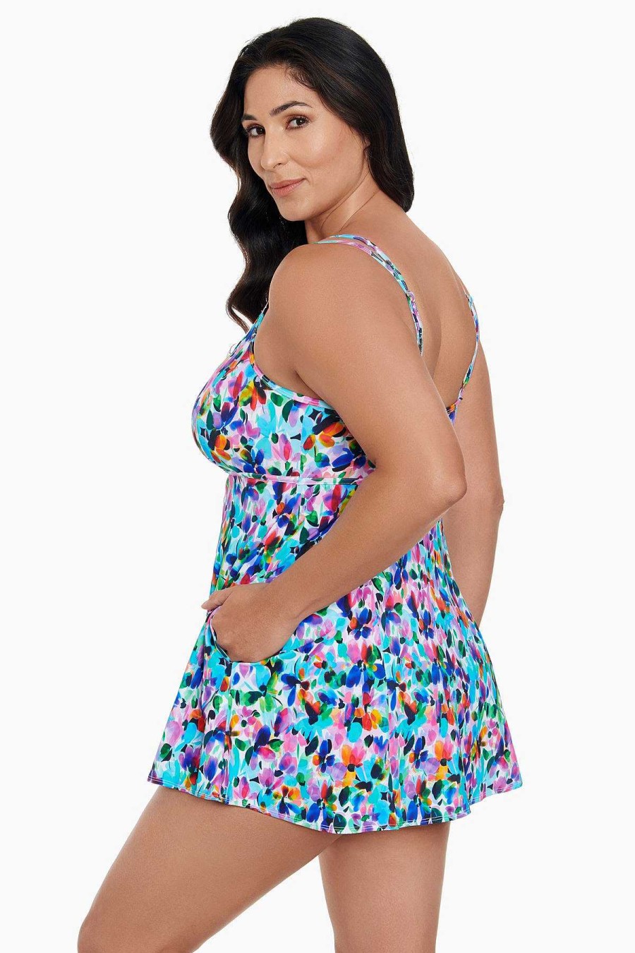 Swim Longitude | Empire Princess Seam Long Torso Swim Dress W/ Pockets Blooming Bouquet Multi