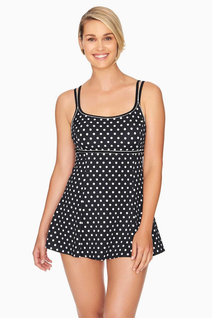 Swim Longitude | Empire Princess Seam Long Torso Swim Dress Dot Black/White