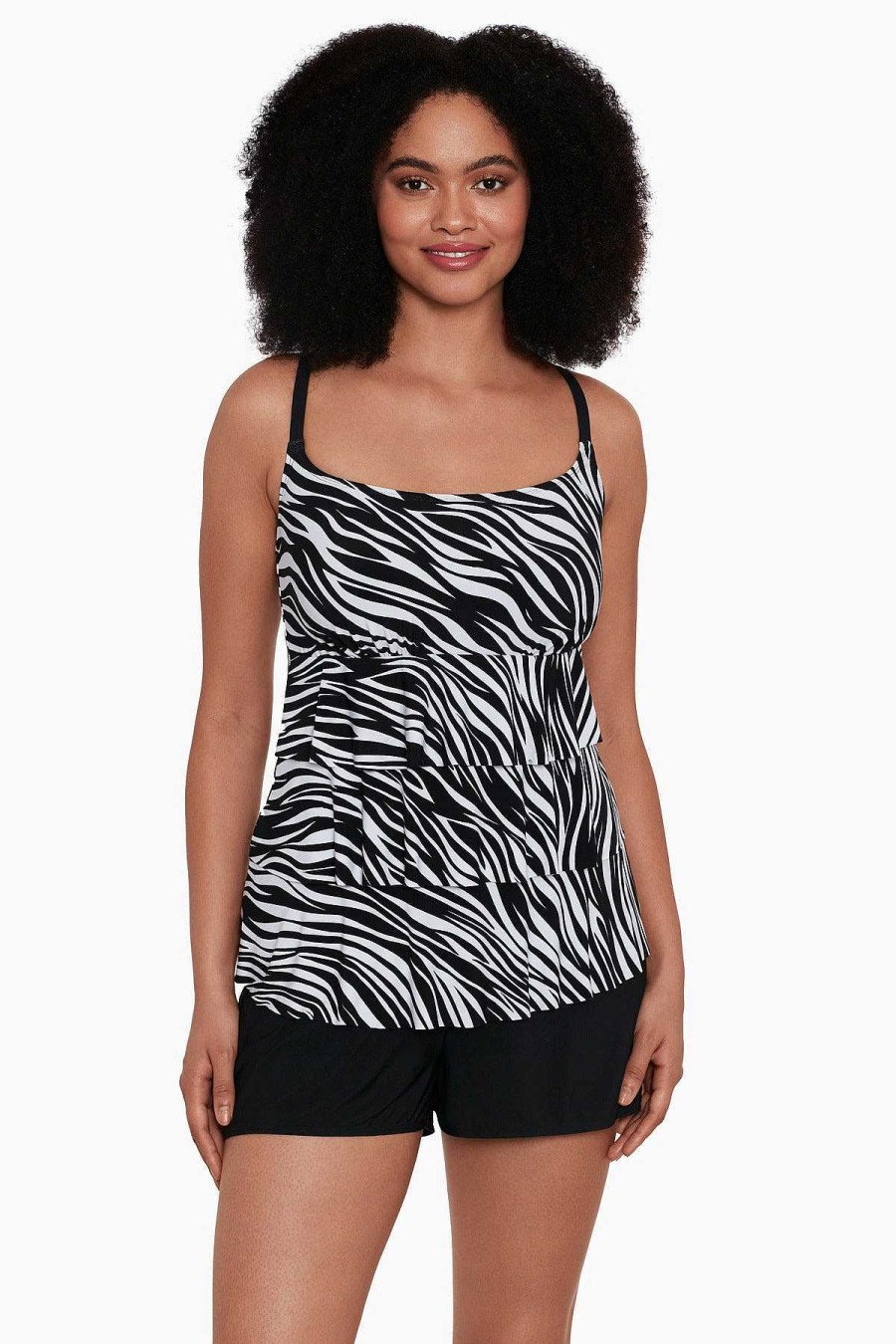 Swim Longitude | Ruffle Long Torso Faux Shortini W/ Pockets Animal Instinct Black/White