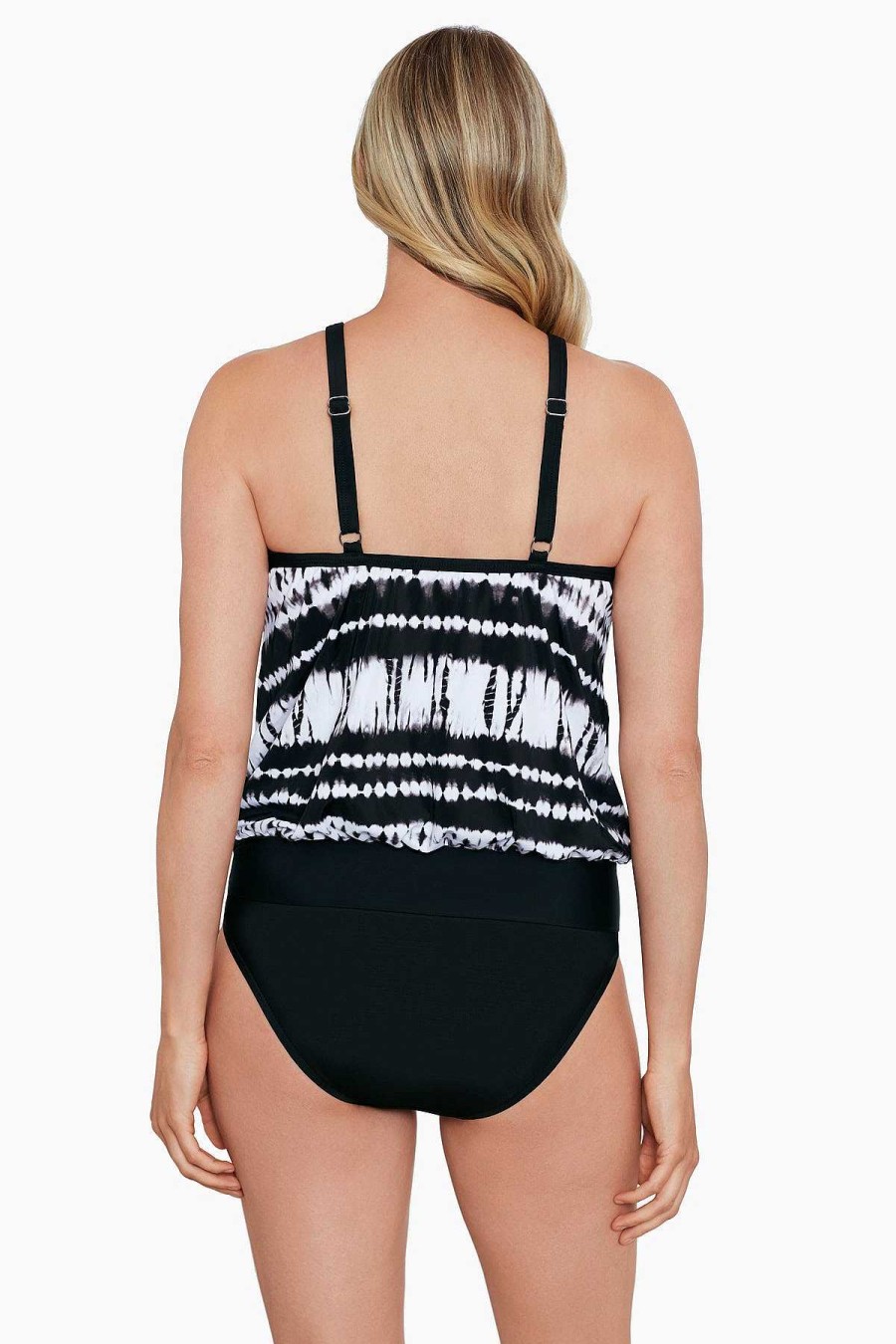 Swim Longitude | High Neck Blouson Tankini Top W/ Mesh Inserts Stripe A Pose Black/White