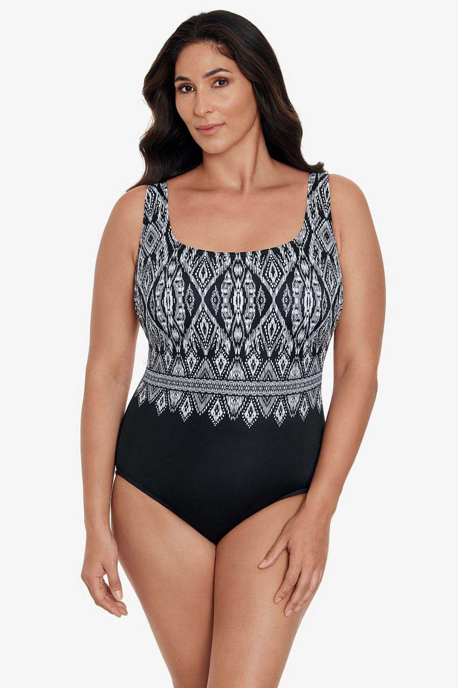 Swim Longitude | Double X-Back Tank Long Torso One Piece Swimsuit Lace Affair Black/White