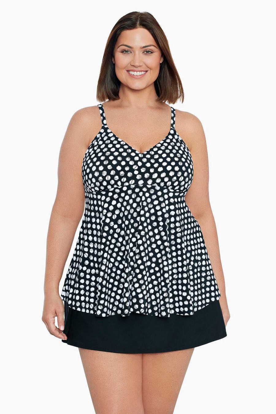 Swim Longitude | Plus Size V-Neck Tankini Top Spots Black/White