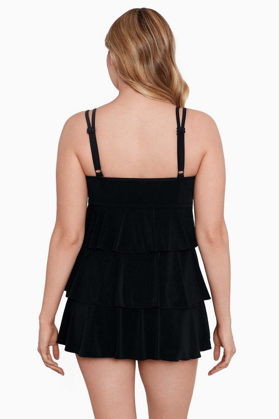 Swim Longitude | Triple Tier Long Torso Swim Dress Night Gala Black