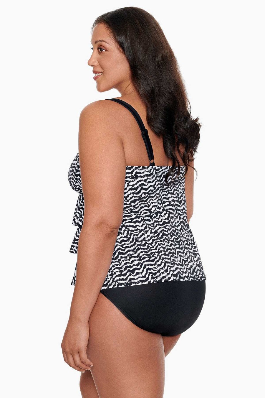 Swim Longitude | Plus Size Triple Tier Tank Long Torso One Piece Swimsuit Majorca Black/White