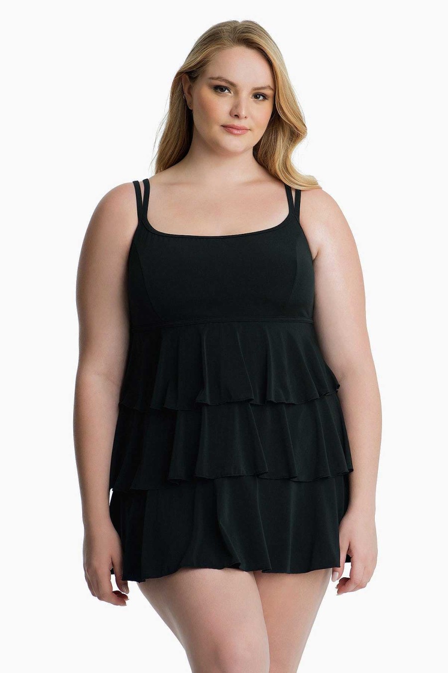 Swim Longitude | Plus Size Triple Tier Long Torso Swim Dress Tie Black