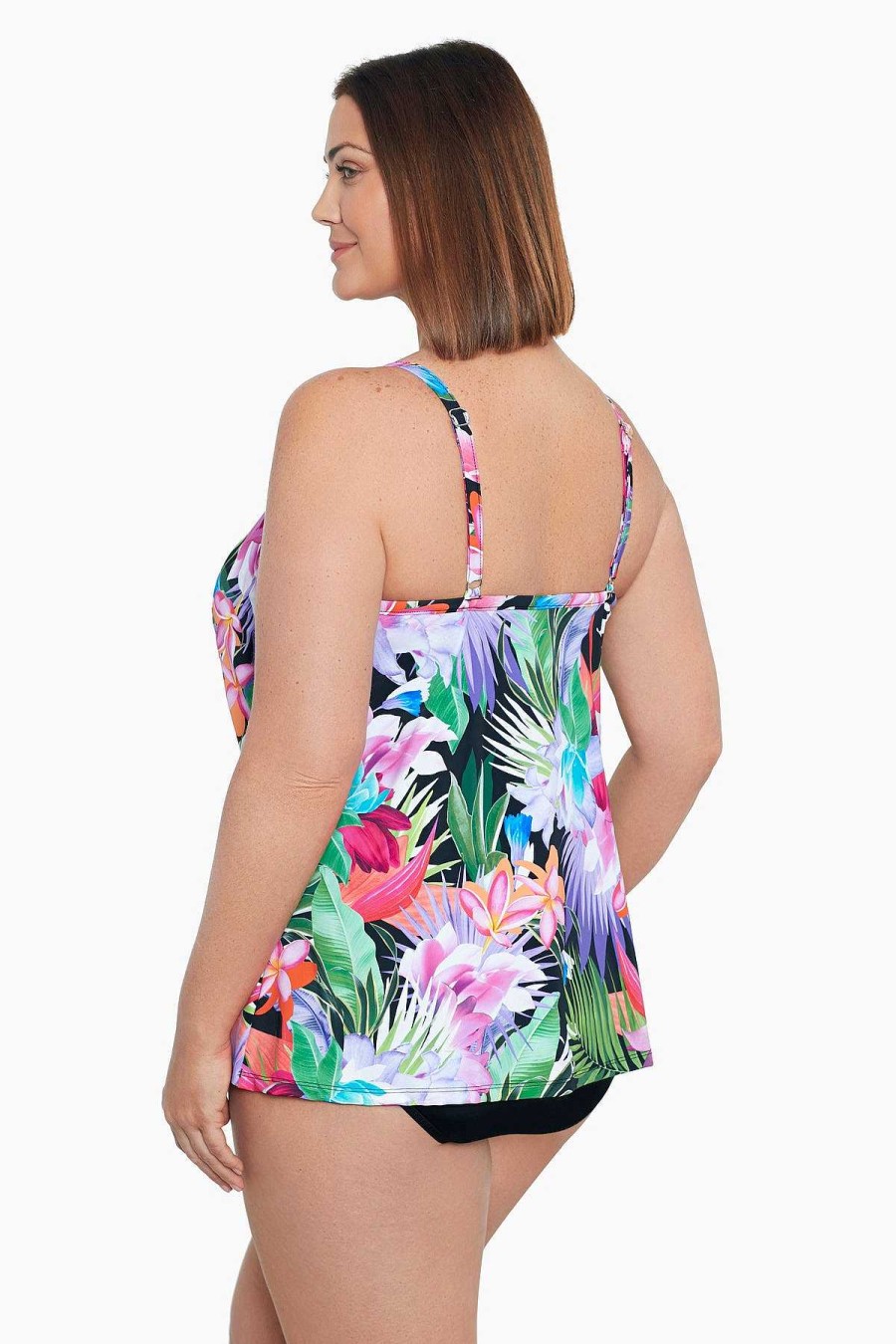 Swim Longitude | Plus Size Knotted Flyaway Fauxkini One Piece Swimsuit Lush Life Black/Multi