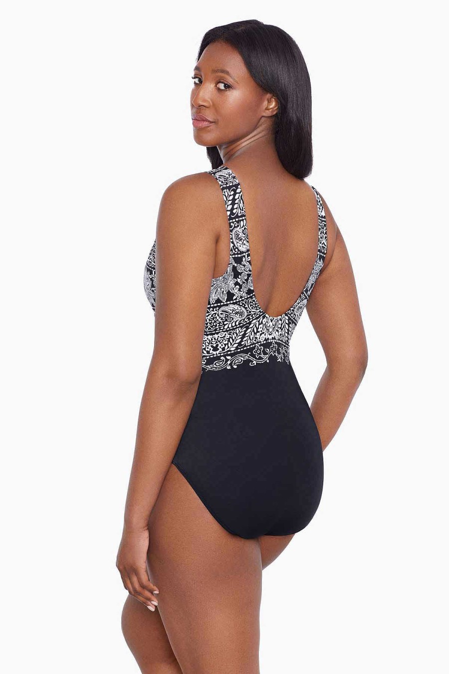 Swim Longitude | Scoopback Highneck Tank Long Torso One Piece Swimsuit Night Seas Black/White