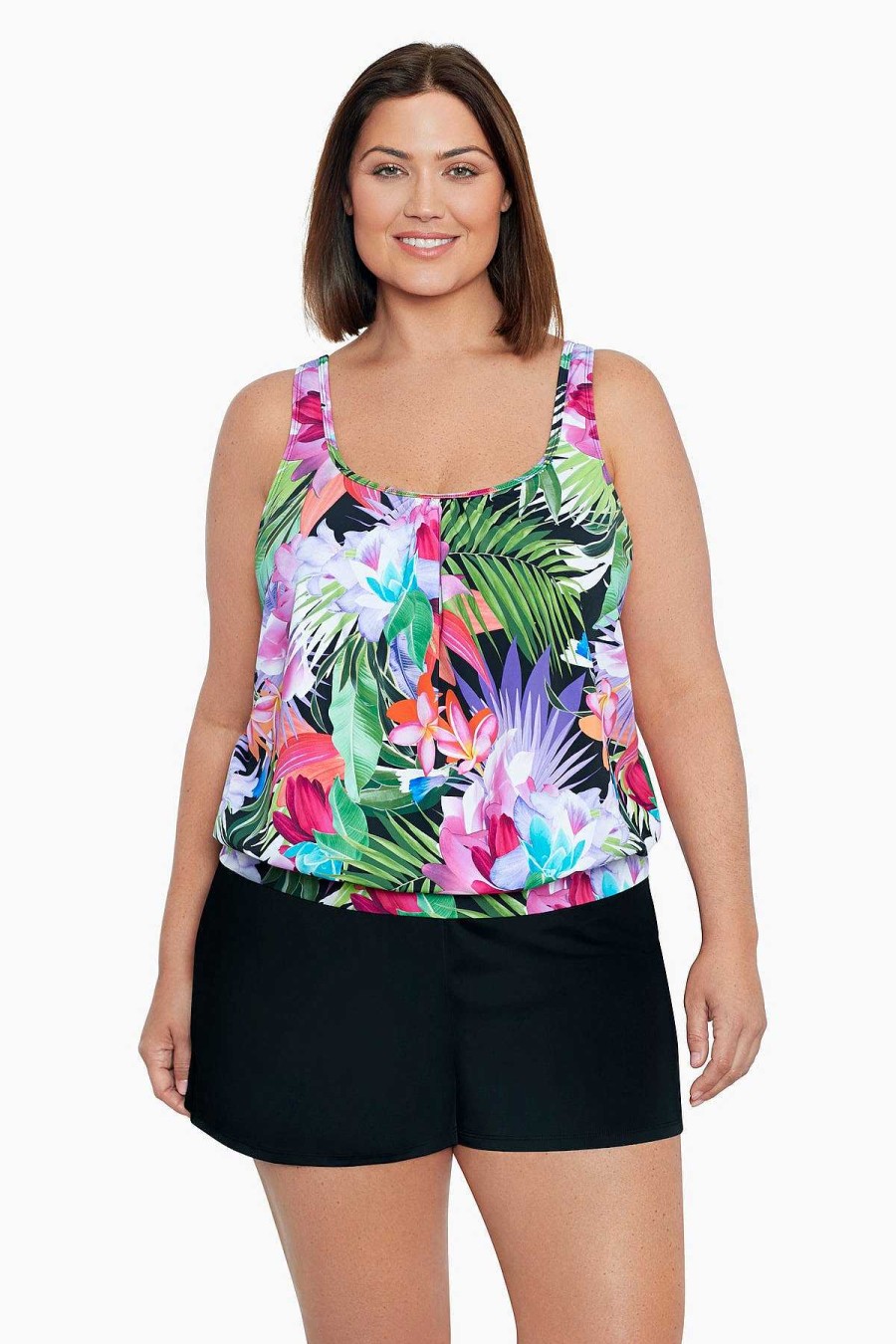 Swim Longitude | Plus Size Shirred Neck Blouson Tankini Top Lush Life Black/Multi