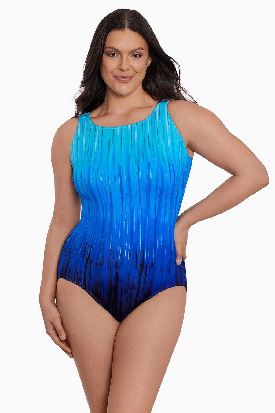 Swim Longitude | Scoopback High Neck Tank Long Torso One Piece Swimsuit High Energy Blue