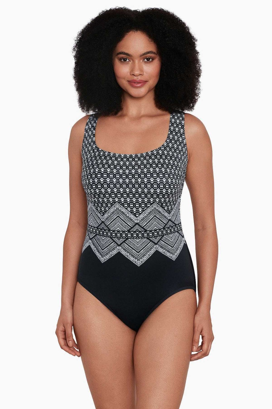 Swim Longitude | Triple X-Back Long Torso Tank Swimsuit Lace To The Top Black/White