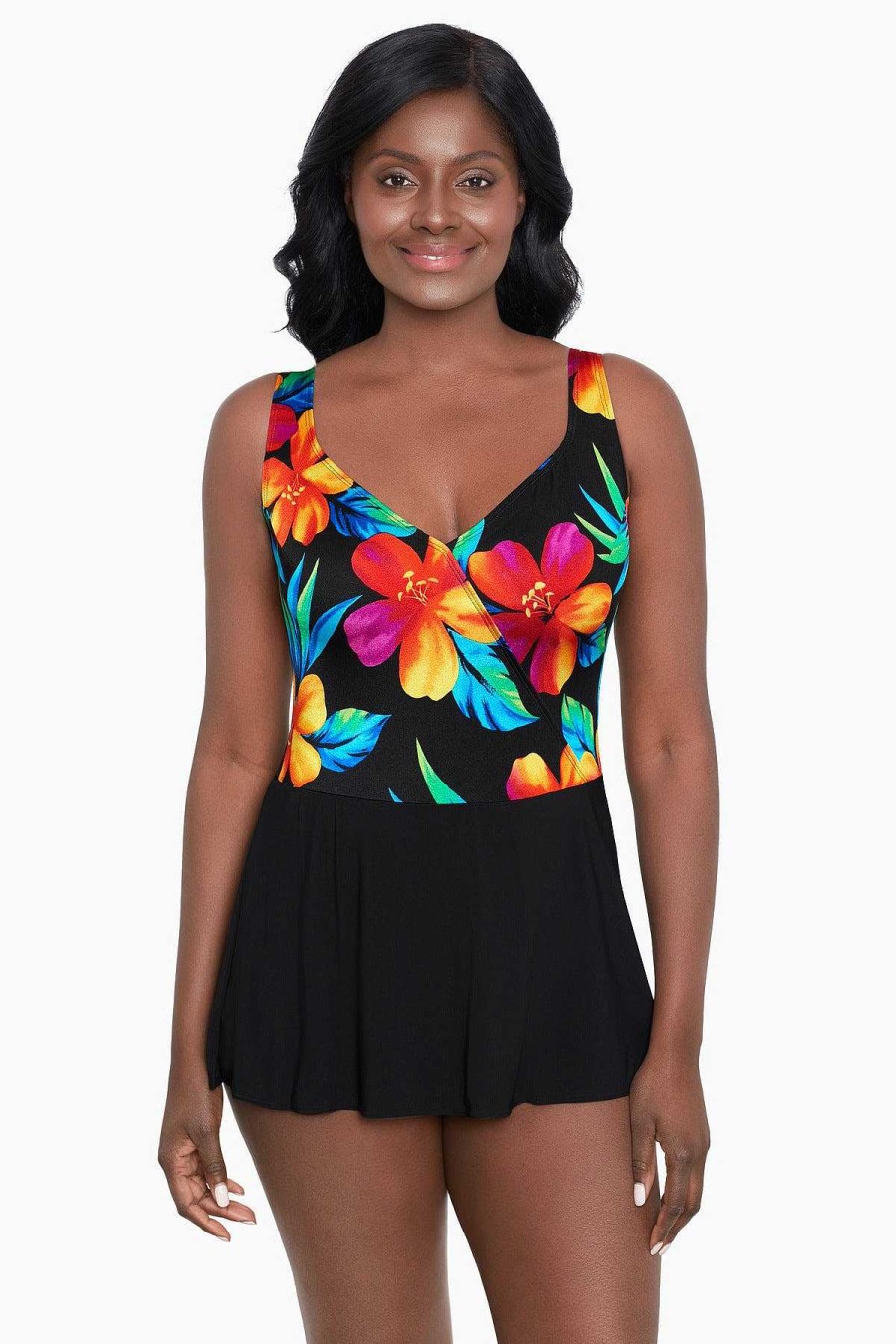 Swim Longitude | Plus Size Mock Surplice Swim Dress Cayenne Multi