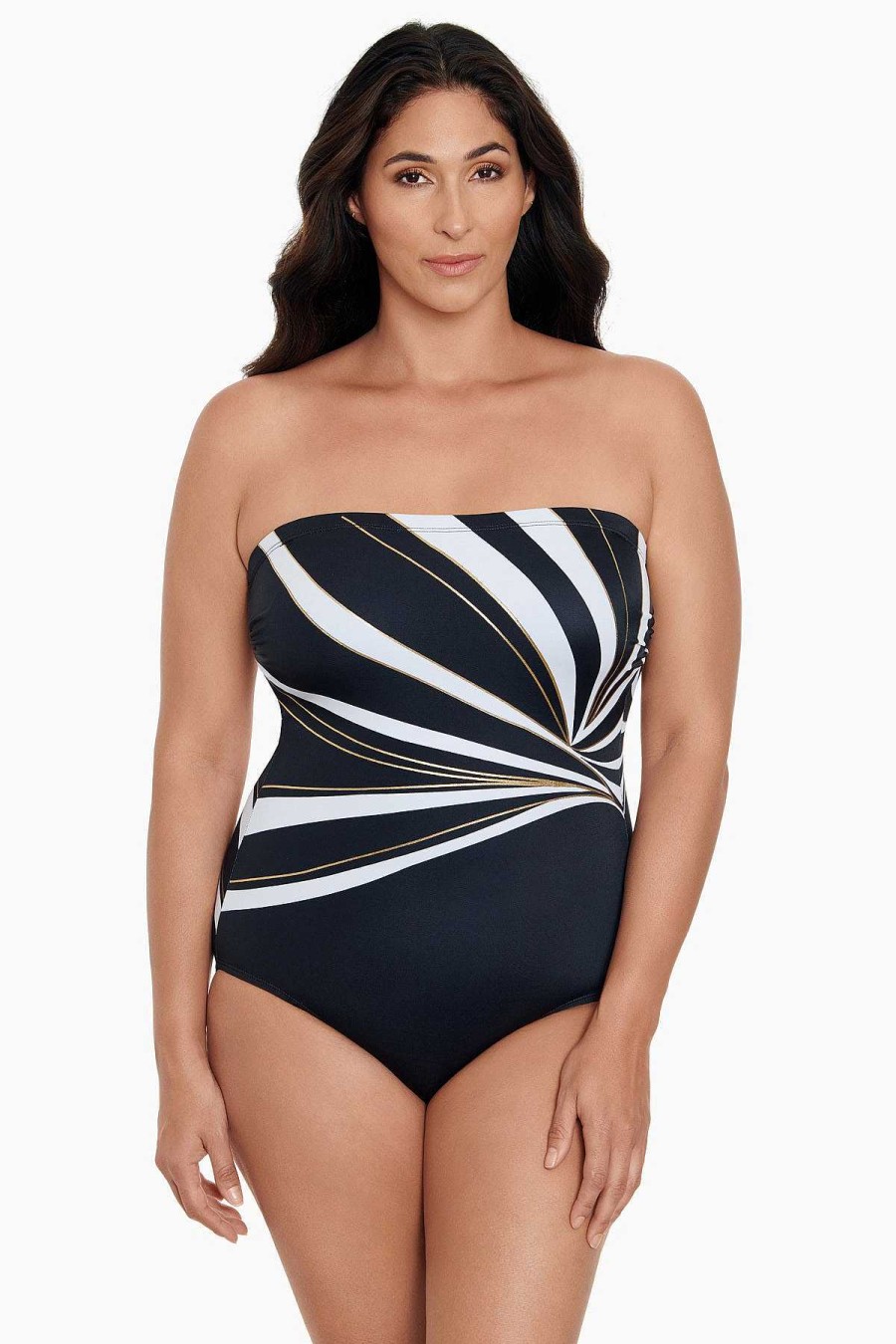 Swim Longitude | Panel Bandeau Long Torso One Piece Swimsuit Dangerous Curves Black/Gold