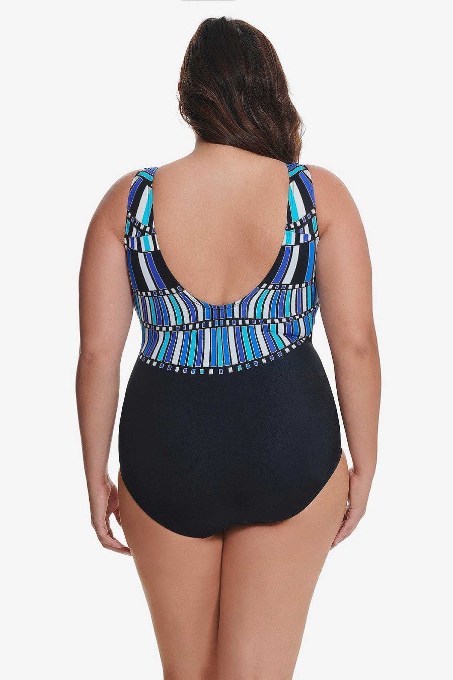 Swim Longitude | Plus Size Scoopback Highneck Long Torso One Piece Swimsuit Glitz And Glamour Blue